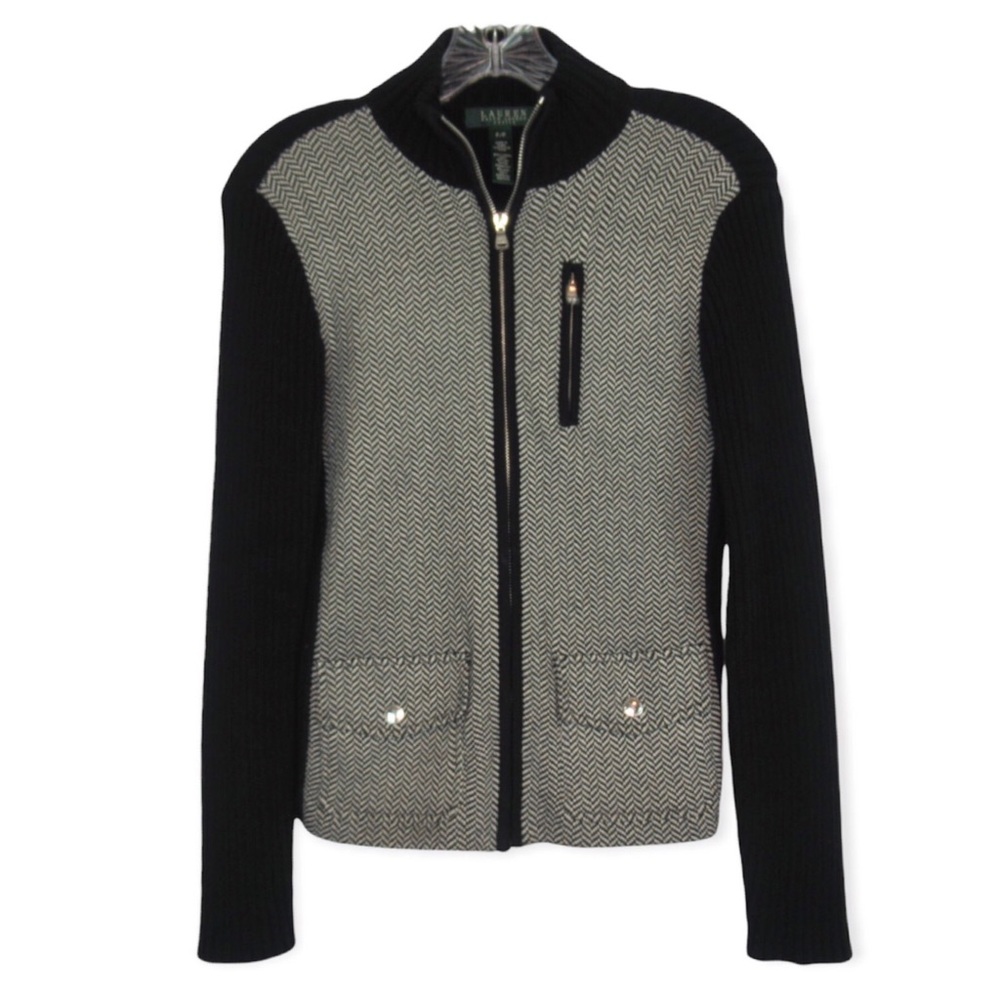 Lauren Ralph Lauren Ribbed Herringbone Zip Front Cardigan Sweater